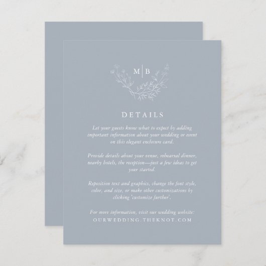 Minimal Dusty Blue Monogram Wedding Details Begleitkarte (Vorne/Hinten)