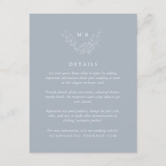 Minimal Dusty Blue Monogram Wedding Details Begleitkarte (Vorderseite)