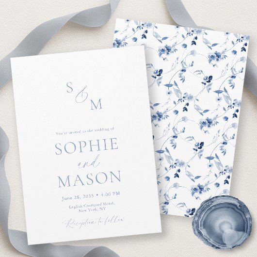 Minimal Dusty Blue Monogram Wedding Invitation Einladung