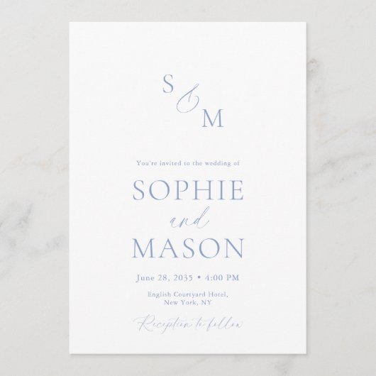 Minimal Dusty Blue Monogram Wedding Invitation Einladung (Vorderseite)