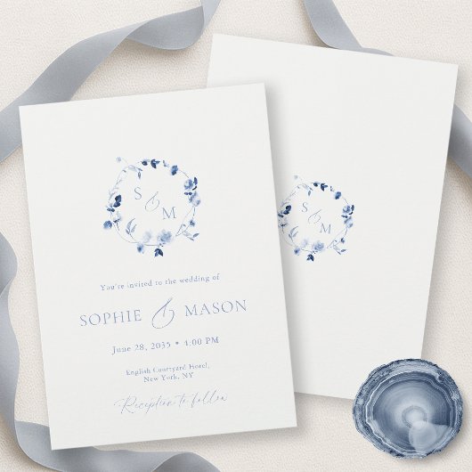 Minimal Dusty Blue Monogram Wreath Wedding  Einladung