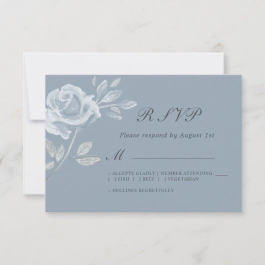 Minimal Dusty Blue Rose Wedding RSVP (Vorderseite)
