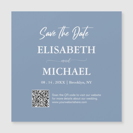 Minimal Dusty Blue Save the Date QR Code Wedding Magneteinladung (Vorderseite)