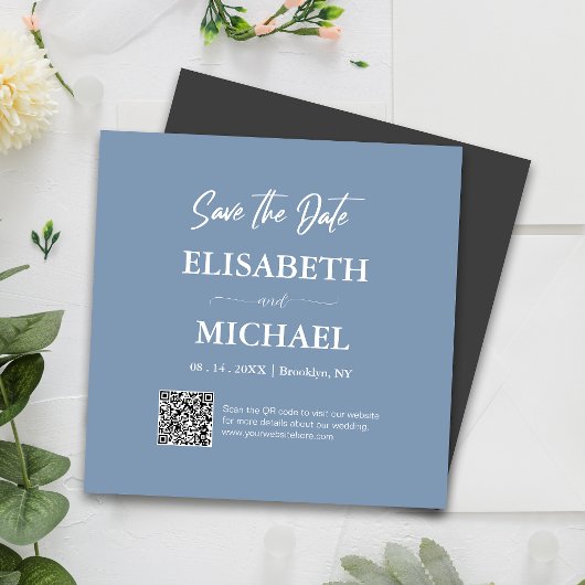 Minimal Dusty Blue Save the Date QR Code Wedding Magneteinladung