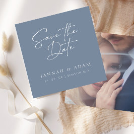 Minimal Dusty Blue Script Typografy Foto Wedding Save The Date
