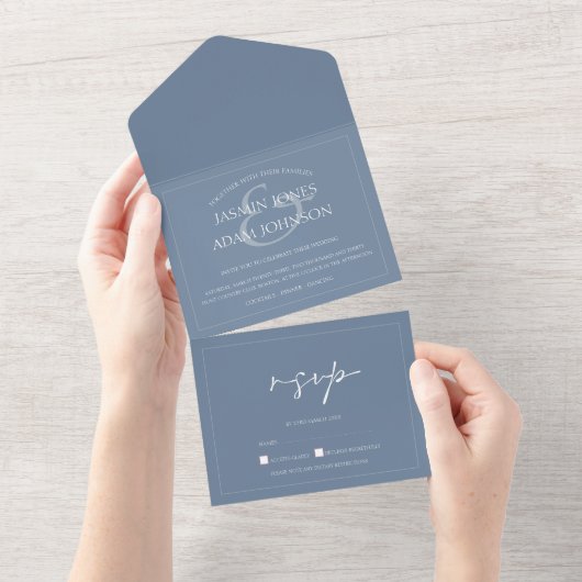 Minimal Dusty Blue Script Wedding All In One Einladung (Abreißen)