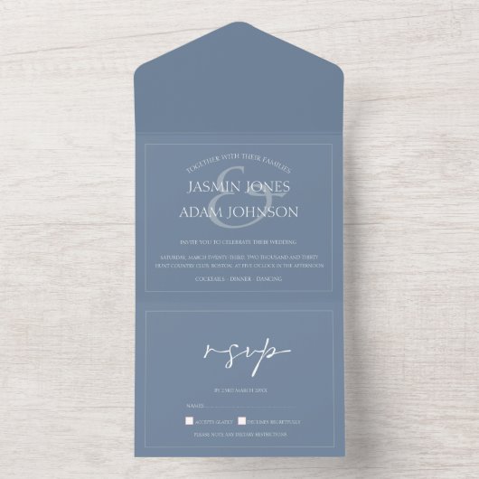 Minimal Dusty Blue Script Wedding All In One Einladung (Innen Boden)