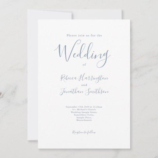 Minimal Dusty Blue Script Wedding Einladung (Vorderseite)