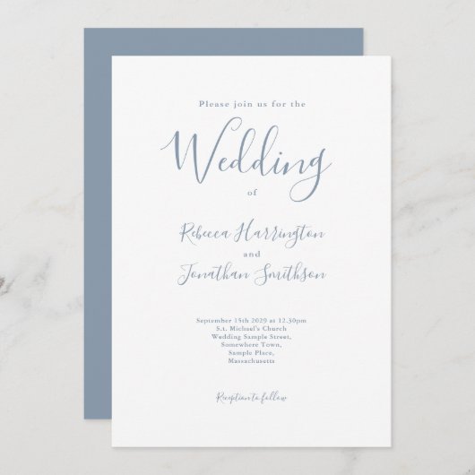 Minimal Dusty Blue Script Wedding Einladung (Vorne/Hinten)