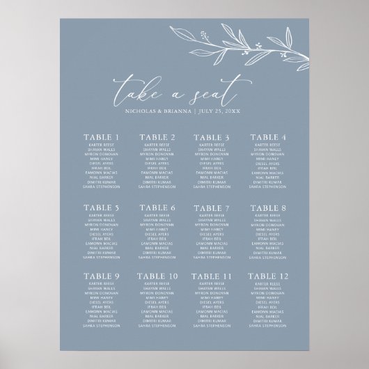 Minimal Dusty Blue Wedding 12 Table Seating Chart Poster (Vorne)