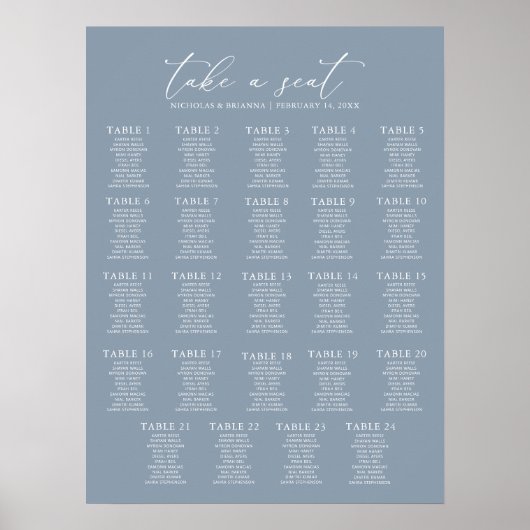 Minimal Dusty Blue Wedding 24 Table Seating Chart Poster (Vorne)