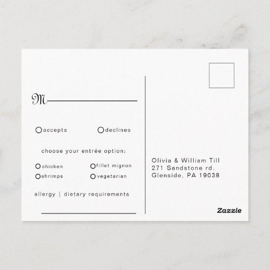 Minimal Dusty Blue Wedding Menü Antwort Postkarte (Rückseite)