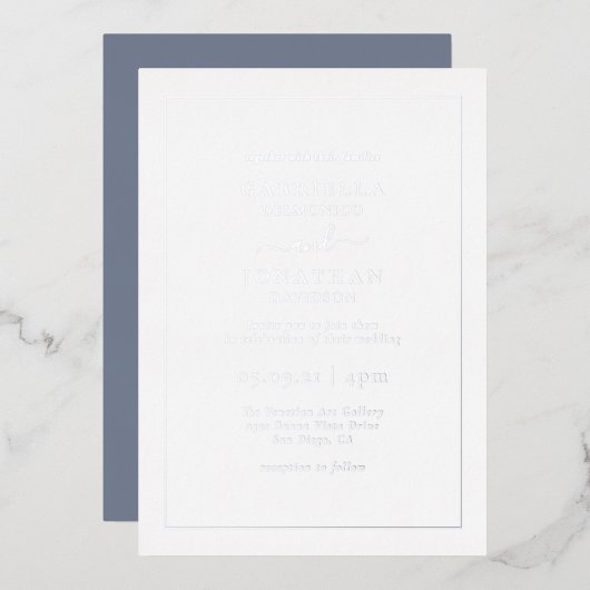 Minimal Dusty Blue Wedding Silver Foil Einladung (Vorderseite/Rückseite)