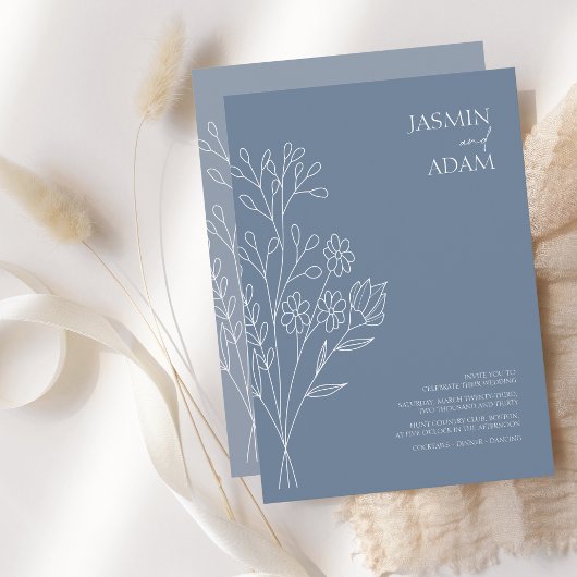 Minimal Dusty Blue White Wildblumen Hochzeit Einladung