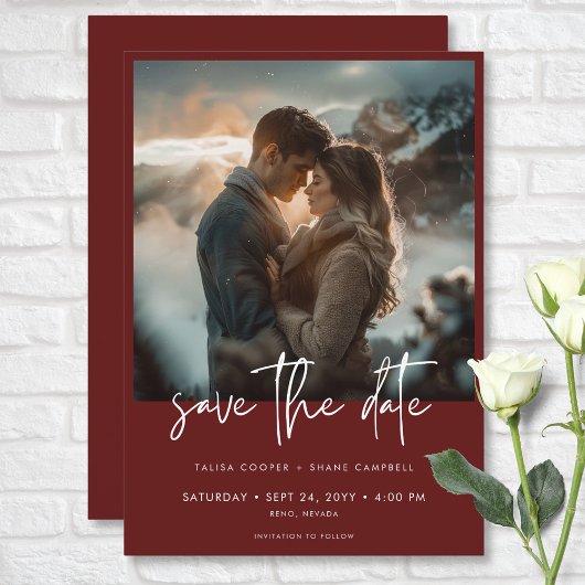 Minimal Dusty Burgundy Wine Modernes Foto Hochzeit Save The Date