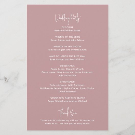 Minimal Dusty Rose Pink Budget Hochzeitsprogramm (Hinten)