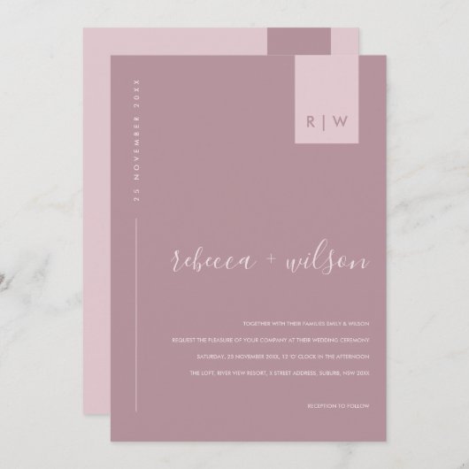 MINIMAL DUSTY ROSE PINK TYPOGRAPHY WEDING INVITAT EINLADUNG (Vorne/Hinten)