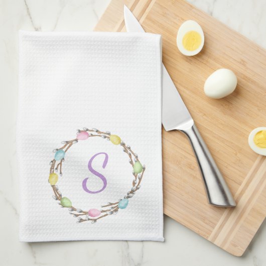 Minimal Easter Wreath Monogram And Easter Eggs Geschirrtuch (Viertel Falte)