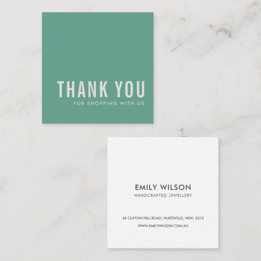 MINIMAL EINFACH ELEGANT MINT GRÜNER DANK QUADRATISCHE VISITENKARTE (Vorne/Hinten)