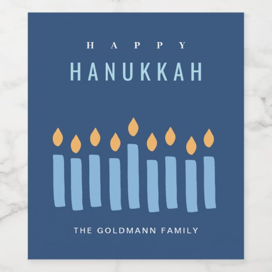 Minimal einfache blaugelbe Kerzen glücklich Hanukk Weinetikett (Einzelnes Label)