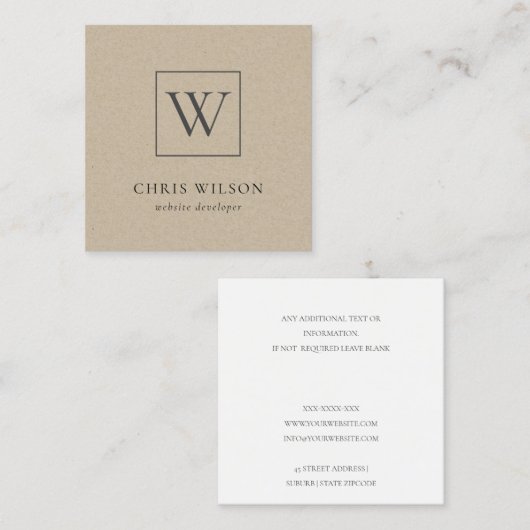 Minimal einfache Rustikalkraftmonogramm Quadratische Visitenkarte (Vorne/Hinten)