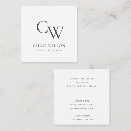 Minimal einfache Schwarz-Weiß-Monogramm Quadratische Visitenkarte (Vorne/Hinten)