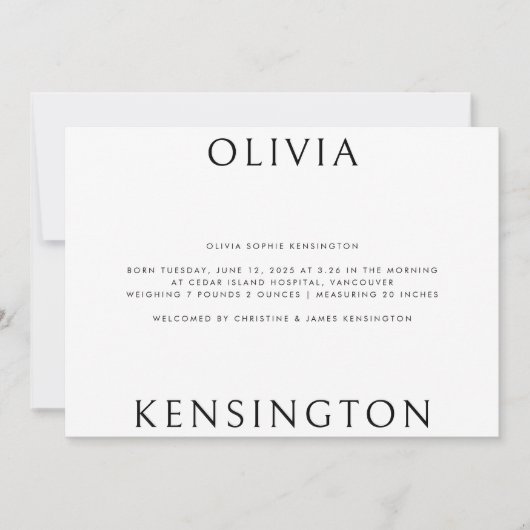 Minimal einfache Schwarz-weiße Foto Baby Birth Ankündigung (Vorderseite)