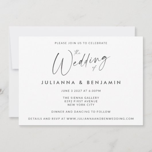 Minimal einfache Schwarz-weiße moderne Skripthochz Einladung (Vorderseite)