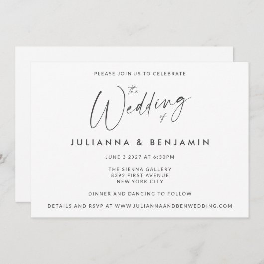 Minimal einfache Schwarz-weiße moderne Skripthochz Einladung (Vorne/Hinten)