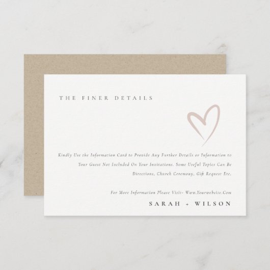 Minimal einfache Script Blush Heart Wedding Detail Begleitkarte (Vorne/Hinten)