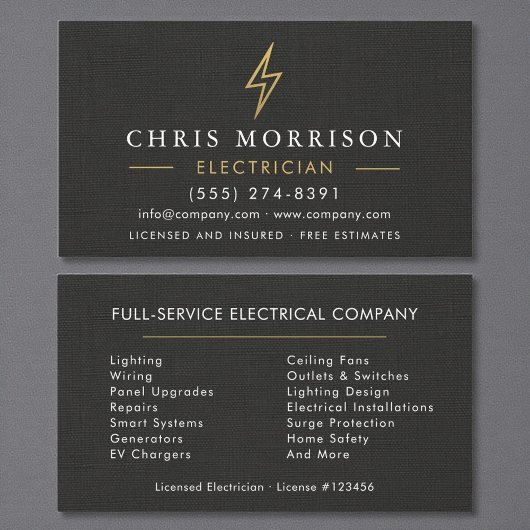 Minimal Electrician Black Gold Linen Visitenkarte