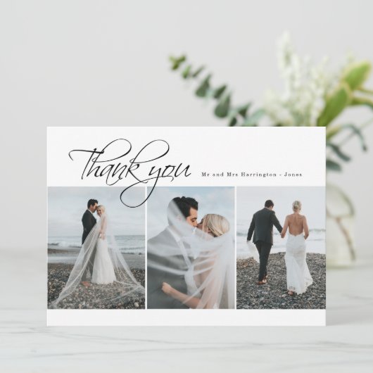 Minimal Elegant 3 Foto Hochzeit Dankeschön Karte (Stehend Vorderseite)