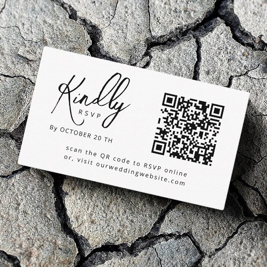 Minimal Elegant B&W Script QR Code Wedding RSVP Begleitkarte