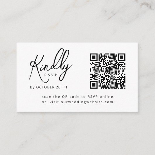 Minimal Elegant B&W Script QR Code Wedding RSVP Begleitkarte (Vorderseite)