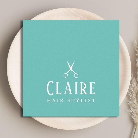 Minimal Elegant Blaue Schere Friseurstylistin Quadratische Visitenkarte