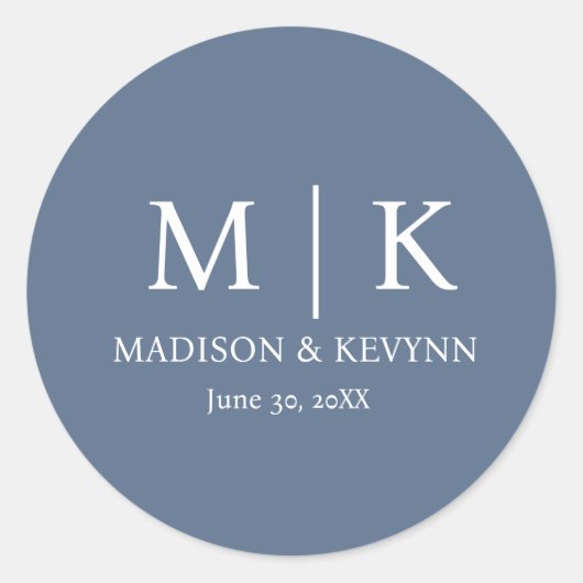 Minimal & elegant Blue & White Monogram Wedding Runder Aufkleber (Vorderseite)