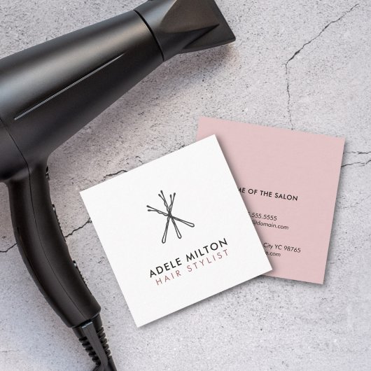 Minimal Elegant Blush Pink White Bobby Pins Hair Quadratische Visitenkarte