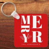 Minimal Elegant Bright Red White Frohe Weihnachten Schlüsselanhänger (Vorderseite)