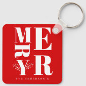 Minimal Elegant Bright Red White Frohe Weihnachten Schlüsselanhänger (Rückseite)