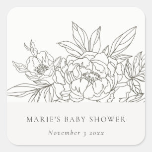 Minimal Elegant Brown Floral Sketch Babydusche Quadratischer Aufkleber