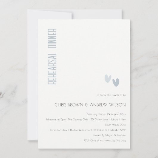 Minimal Elegant Dusky Blue Hearts Probe Abendessen Einladung (Vorderseite)