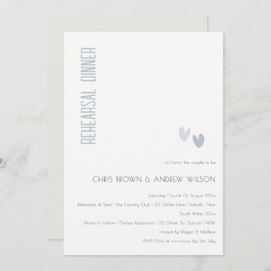 Minimal Elegant Dusky Blue Hearts Probe Abendessen Einladung (Vorne/Hinten)