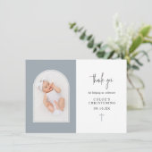 Minimal Elegant Dusty Blue Arch Foto Christening Dankeskarte (Stehend Vorderseite)