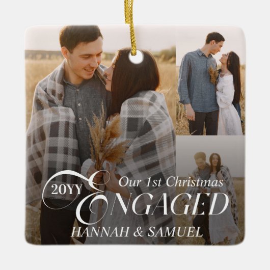 Minimal Elegant Engaged Couples Photo Collage Keramikornament (Vorderseite)