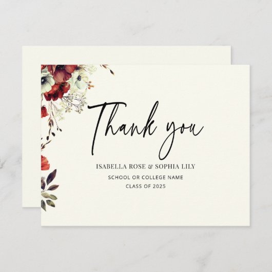 Minimal Elegant Floral Double Twins Abschluss Dankeskarte (Vorne/Hinten)