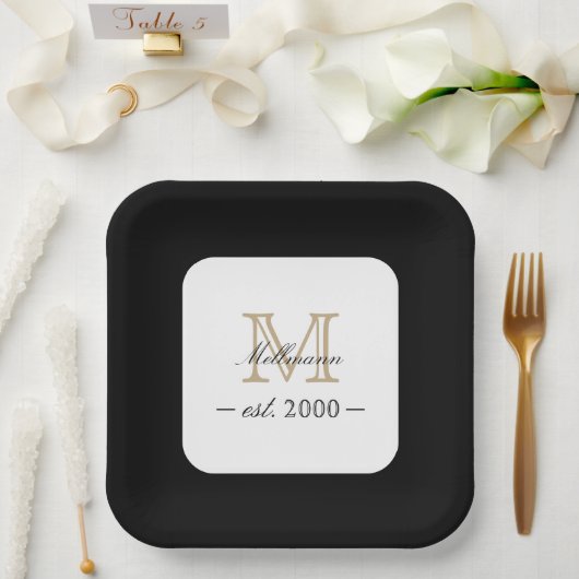 Minimal Elegant Gold Monogram Family Year Est. Pappteller (Hochzeit)