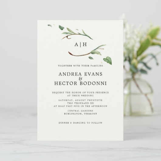 Minimal Elegant Greenery Monogram Wedding Einladung (Stehend Vorderseite)
