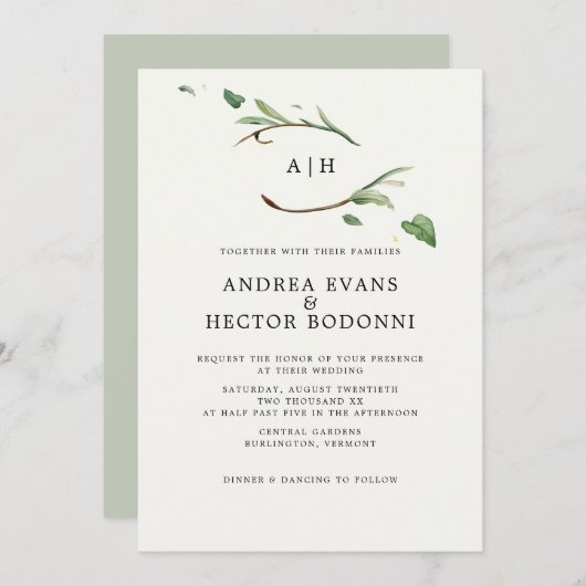 Minimal Elegant Greenery Monogram Wedding Einladung (Vorne/Hinten)