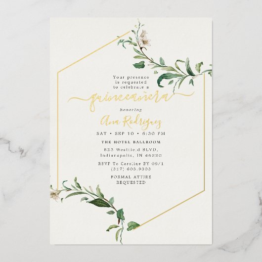 Minimal Elegant Grüne Flora Quinceñera Gold Folieneinladung (Vorderseite)