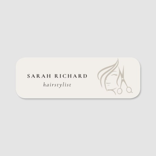Minimal Elegant Haarstylist Elfenbeinhaarschere Namensschild (Vorderseite)
